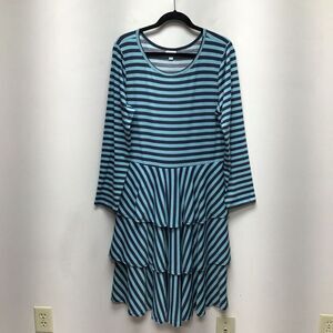 Lularoe Womens Blue Green Georgia Striped Long Sleeve Fit & Flare Dress 2XL